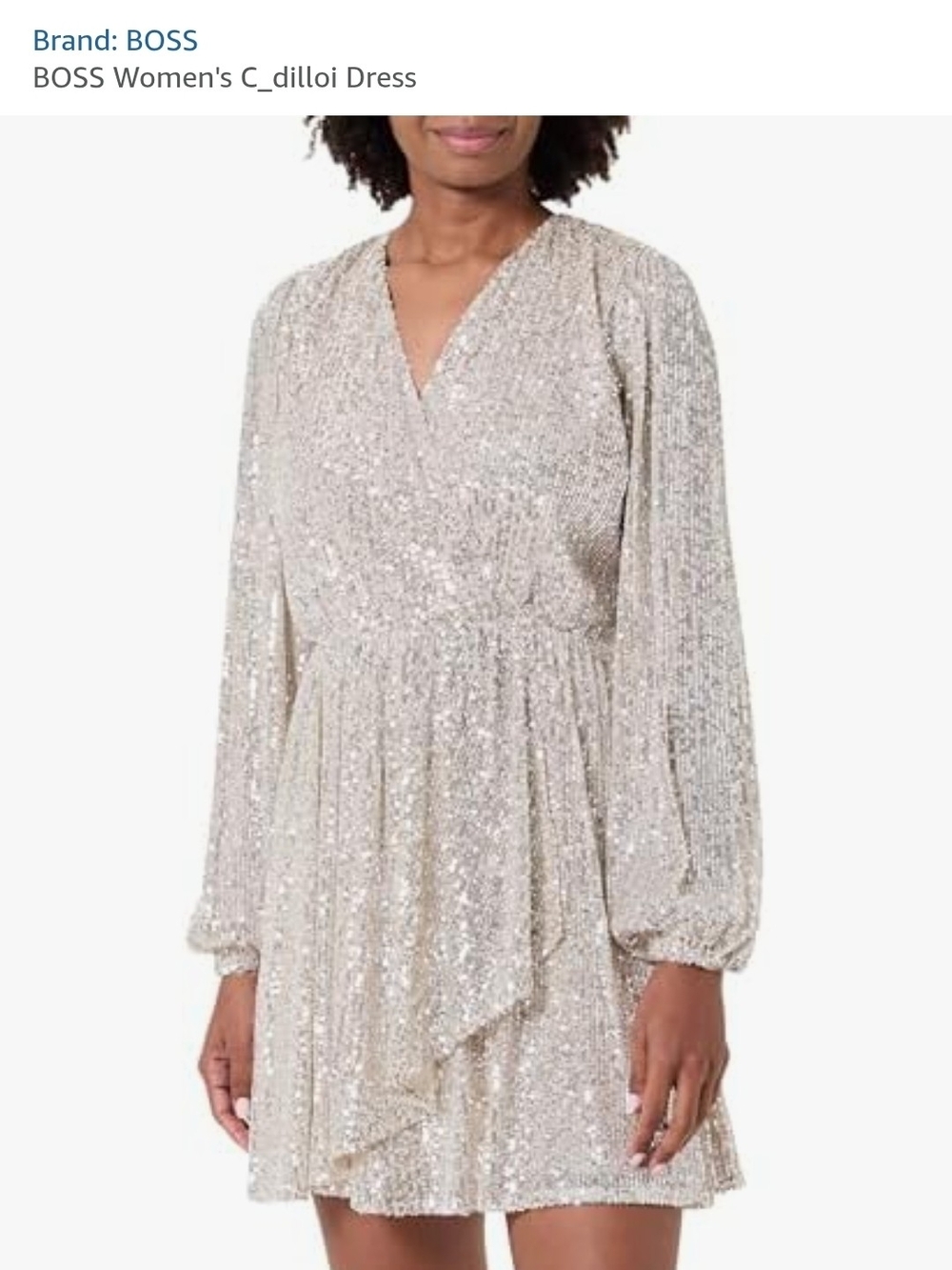 BOSS Champagne Sequin Long-Sleeve Wrap Mini Dress